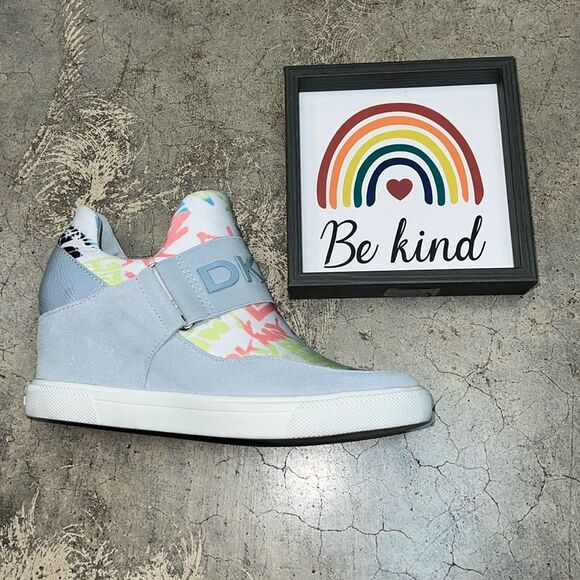 DKNY light blue wedge sneakers with center green pink, and white graphics - Picture 1 of 11